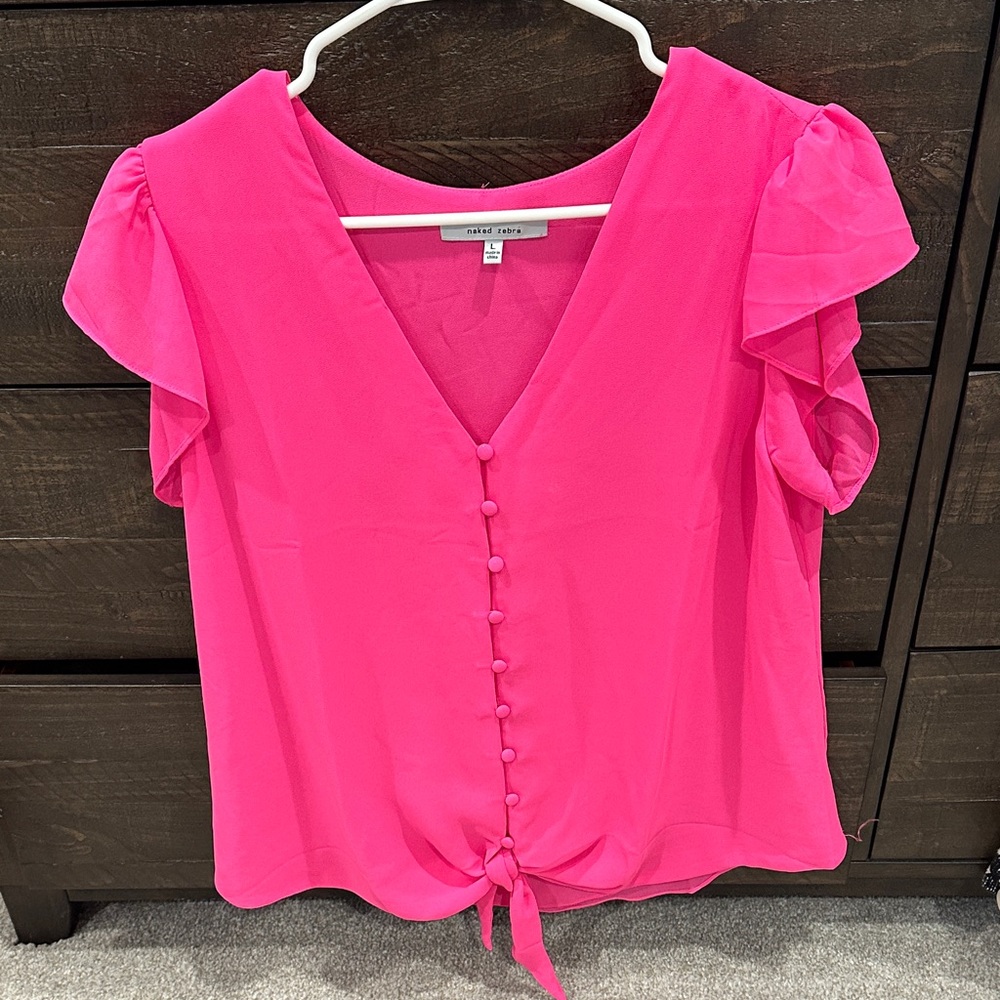 Naked Zebra Hot Pink V-Neck Blouse with Button Detail